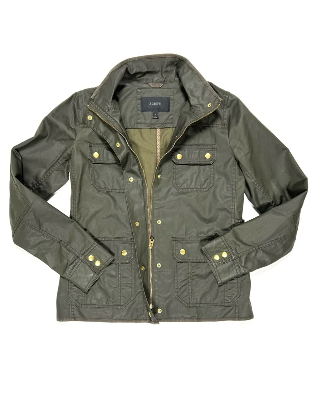 J Crew Downtown Field Jacket Women’s Small Waxed Cotton Army Green Military Snap